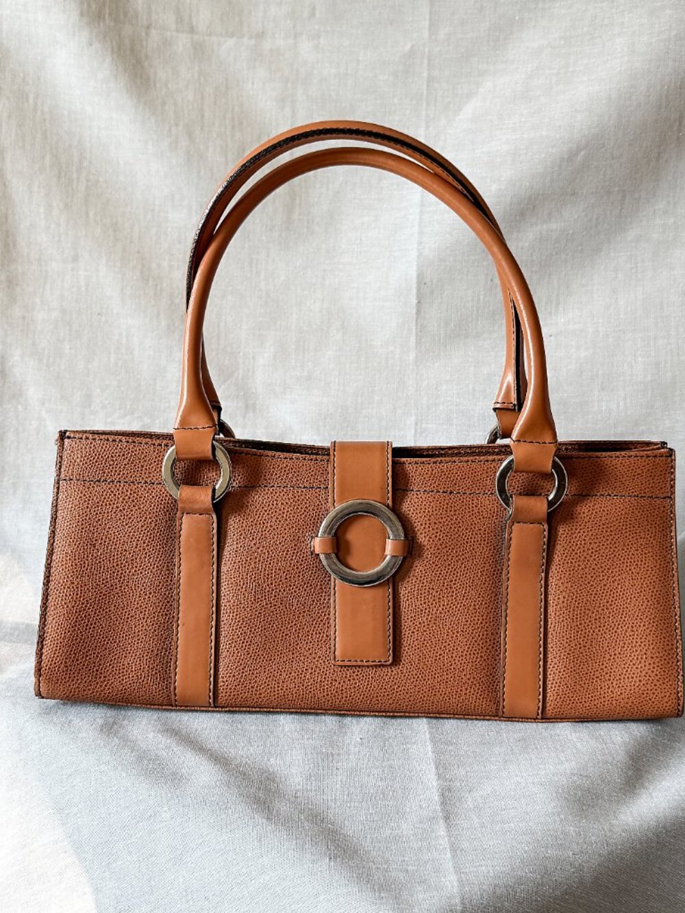 Nordstrom Rust Pebbled Leather East West Shoulder Bag Silver Ring Hardware